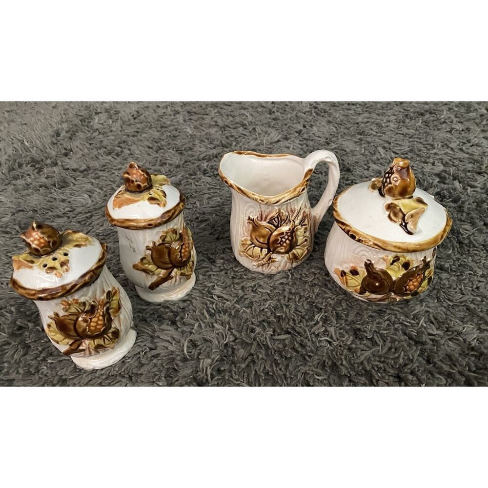 Nevco Small Cream and Brown Creamer, Sugar Bowl, Salt & Pepper Vtg Shaker Set